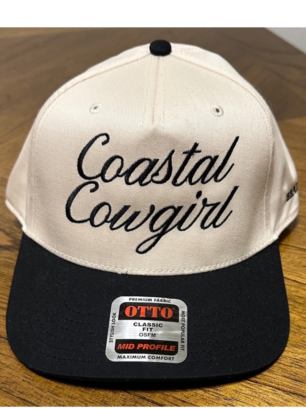 OTTO NEW Coastal Cowgirl Two-Tone Script Snapback Hat in Cream and Black